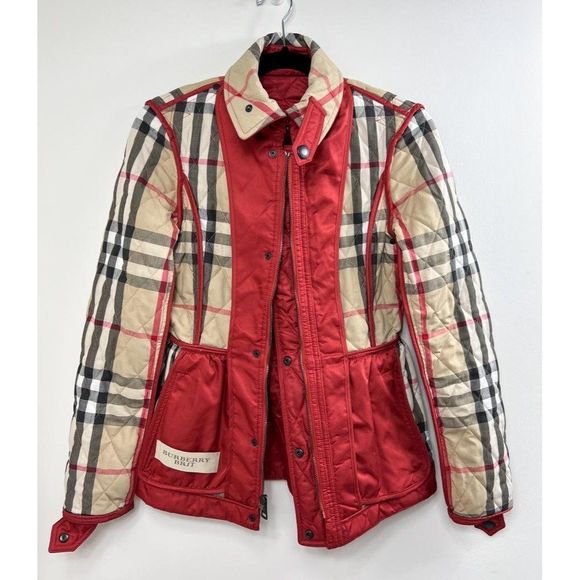 BURBERRY Red & Beige Check Diamond Quilted Nova Check Utility Jacket Size XS - Picture 2 of 16